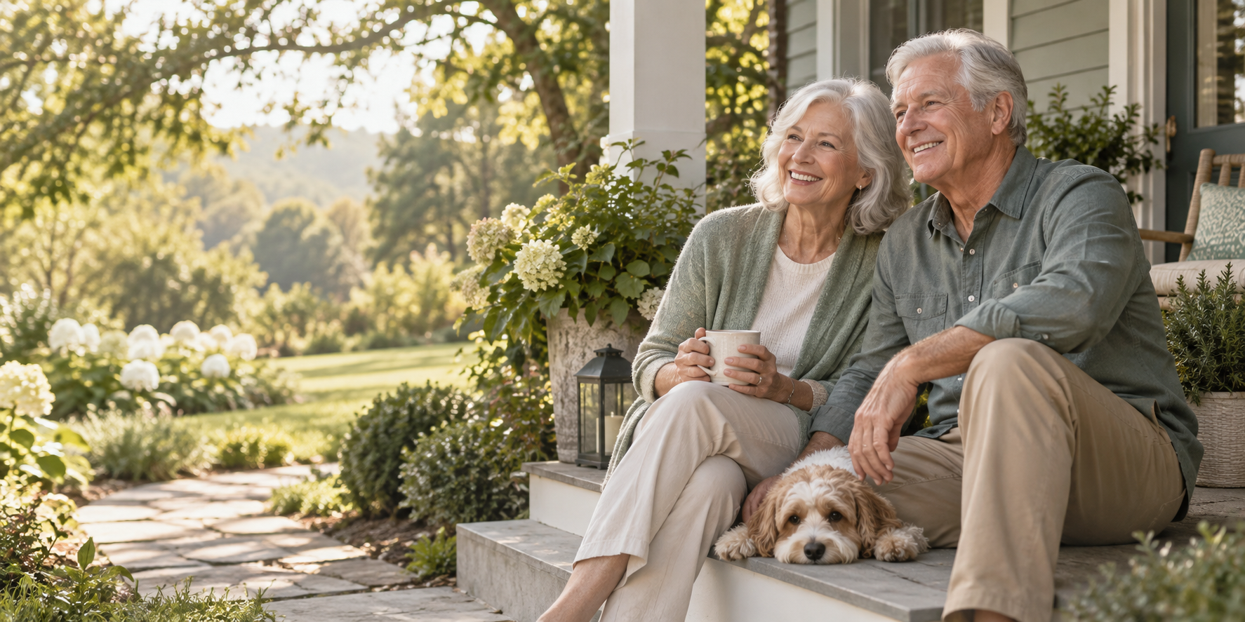 Illustration of an older couple enjoying a comfortable porch and garden